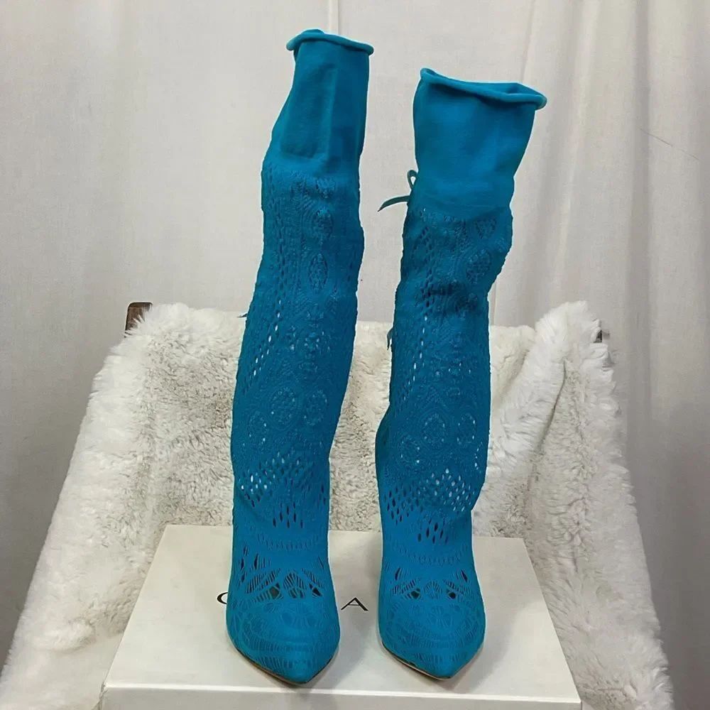 NEW Casadei Women's Blue Knee-High Knit Lace Bow Boots Size 35 US 5 - Picture 3 of 15